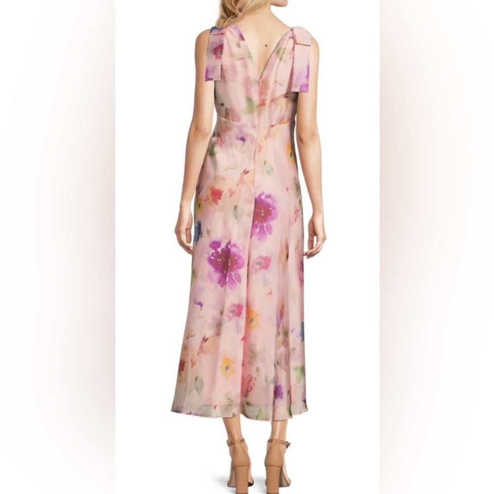 Maison Tara V Neck Pink Watercolor Floral Maxi Dress with Bow Straps size 6 $148 - Picture 2 of 16